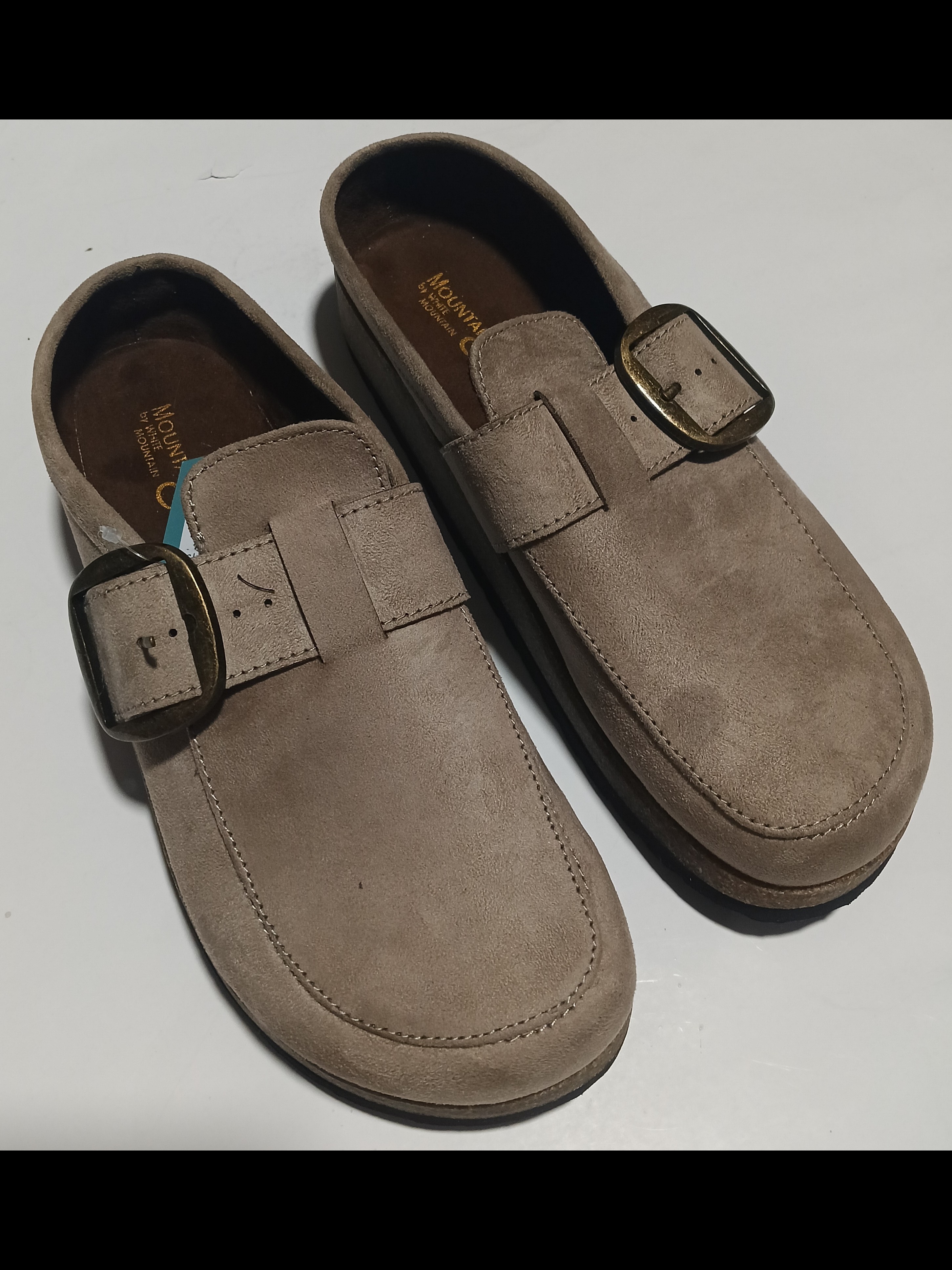 White Mountain Women's Suede Buckle Mules Clogs Taupe Beige Slip On Loafers New